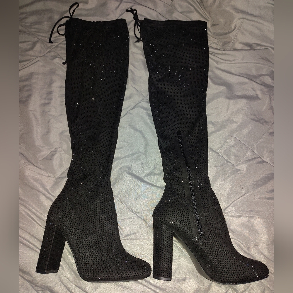 Rhinestone Over The Knee Black Boots - Picture 4 of 6